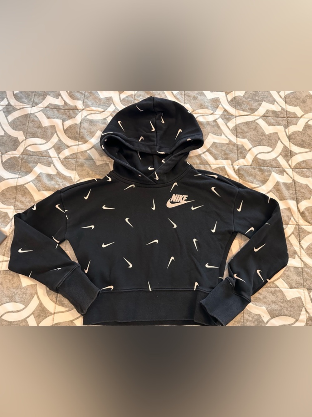 Nike Black Hoodie with White Swoosh Print girls 6 cropped design